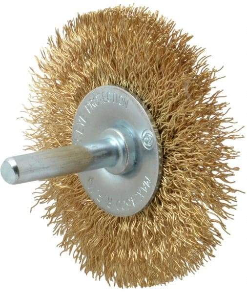 Value Collection - 2-1/2" OD, 1/4" Shank Diam, Crimped Brass-Coated Steel Wheel Brush - 11/32" Face Width, 1/2" Trim Length, 0.015" Filament Diam, 4,500 RPM - A1 Tooling