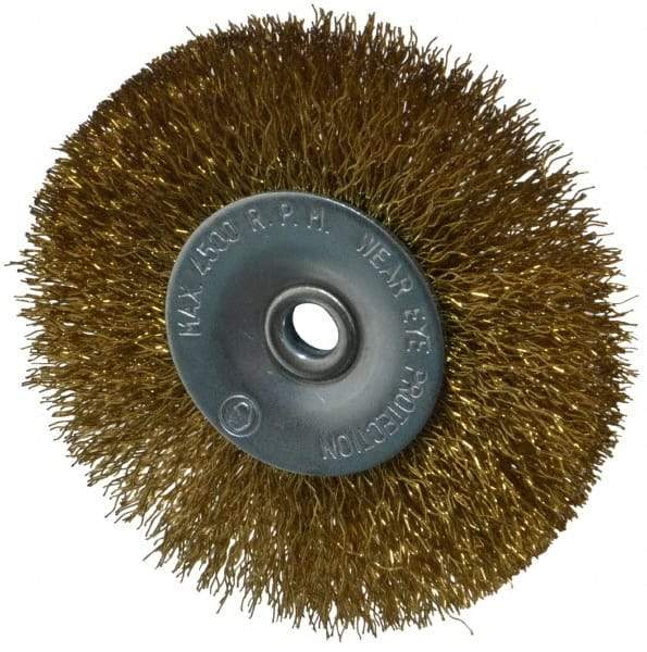 Value Collection - 2-1/2" OD, 1/4" Shank Diam, Crimped Brass-Coated Steel Wheel Brush - 11/32" Face Width, 1/2" Trim Length, 0.008" Filament Diam, 4,500 RPM - A1 Tooling