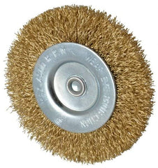 Value Collection - 3" OD, 1/4" Shank Diam, Crimped Brass-Coated Steel Wheel Brush - 3/8" Face Width, 5/8" Trim Length, 0.015" Filament Diam, 4,500 RPM - A1 Tooling