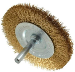 Value Collection - 3" OD, 1/4" Shank Diam, Crimped Brass-Coated Steel Wheel Brush - 3/8" Face Width, 5/8" Trim Length, 0.008" Filament Diam, 4,500 RPM - A1 Tooling