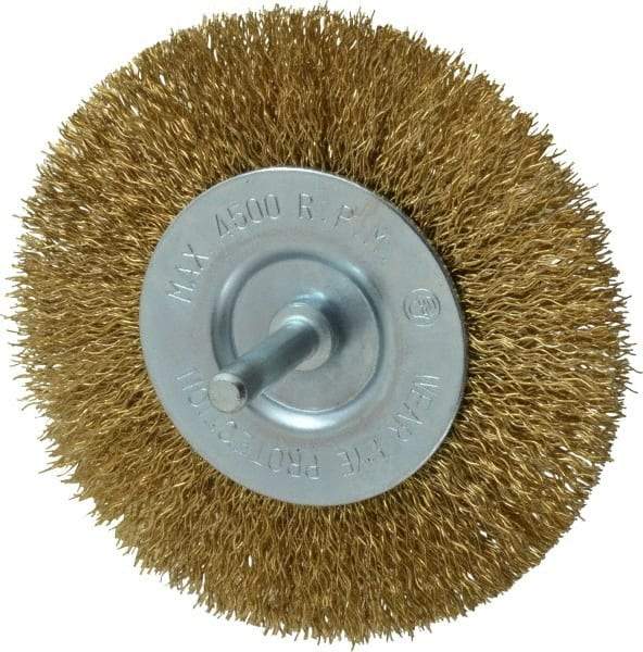 Value Collection - 4" OD, 1/4" Shank Diam, Crimped Brass-Coated Steel Wheel Brush - 15/32" Face Width, 7/8" Trim Length, 0.015" Filament Diam, 4,500 RPM - A1 Tooling