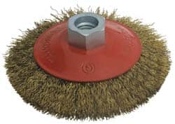 Value Collection - 4" OD, M14x2.00 Arbor Hole, Crimped Brass-Coated Steel Wheel Brush - 3/4" Face Width, 0.008" Filament Diam, 12,500 RPM - A1 Tooling