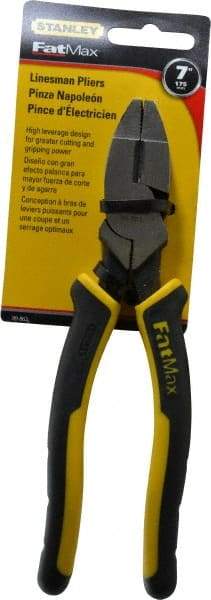 Stanley - 7-5/8" OAL, 1-1/2" Jaw Length x 1" Jaw Width, Side Cutting Linesman's Pliers - Serrated Jaw, Flat Nose Head, Bi-Material Cushion Grip Handles - A1 Tooling