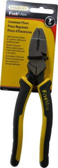 Stanley - 7-5/8" OAL, 1-1/2" Jaw Length x 1" Jaw Width, Side Cutting Linesman's Pliers - Serrated Jaw, Flat Nose Head, Bi-Material Cushion Grip Handles - A1 Tooling