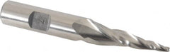 Made in USA - 7° Taper Angle per Side, 3/32" Small End Diam, 1-1/2" LOC, High Speed Steel 3 Flute Tapered Square End Mill - 3-1/4" OAL, 1/2" Shank Diam, Spiral Flute - A1 Tooling