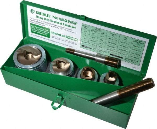 Greenlee - 7 Piece, 22.5 to 43.2mm Punch Hole Diam, Hydraulic Knockout Set - Round Punch, 10 Gage Mild Steel - A1 Tooling