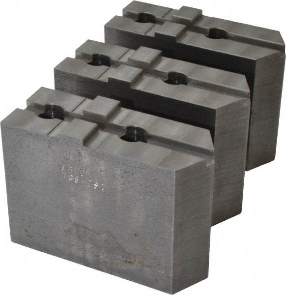 Abbott Workholding Products - 8" & Up Chuck Capacity, Tongue & Groove Attachment, Square Soft Lathe Chuck Jaw - 3 Jaws, Steel, 1-3/4" Btw Mount Hole Ctrs, 4" Long x 1-1/2" Wide x 3" High, 5/16" Groove, 1/2" Fastener - A1 Tooling