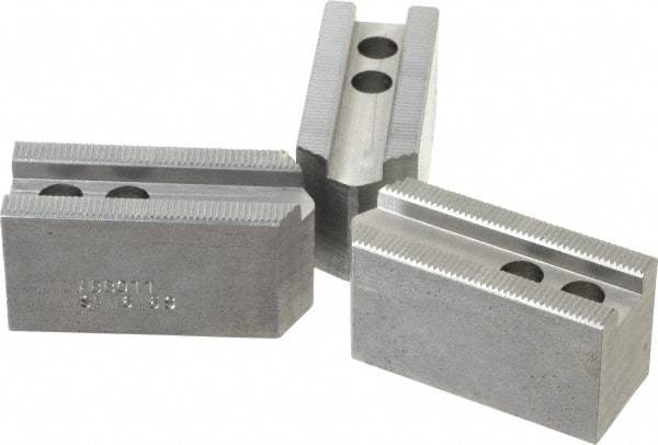 Abbott Workholding Products - 6-1/2" Chuck Capacity, 1/16" x 90 Serrated Attachment, Square Soft Lathe Chuck Jaw - 3 Jaws, Steel, 0.65" Btw Mount Hole Ctrs, 3" Long x 1-1/4" Wide x 1-1/2" High, 0.551" Groove, 0.3937" & 10mm Fastener - A1 Tooling