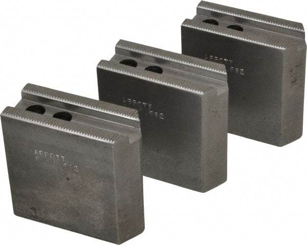 Abbott Workholding Products - 6-1/2" Chuck Capacity, 1/16" x 90 Serrated Attachment, Square Soft Lathe Chuck Jaw - 3 Jaws, Steel, 0.65" Btw Mount Hole Ctrs, 3" Long x 1-1/4" Wide x 3" High, 0.551" Groove, 0.3937" & 10mm Fastener - A1 Tooling