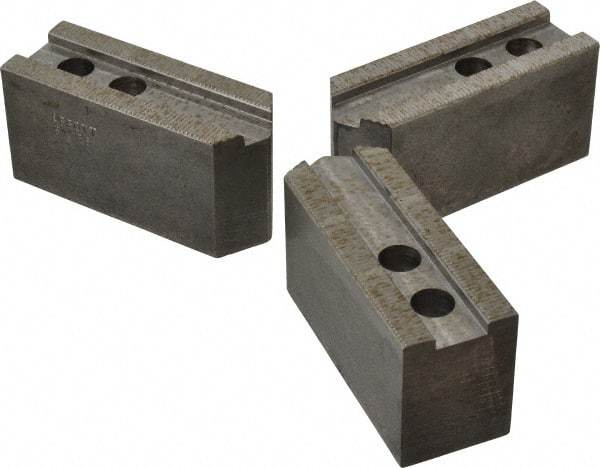 Abbott Workholding Products - 8" & Up Chuck Capacity, 1/16" x 90 Serrated Attachment, Square Soft Lathe Chuck Jaw - 3 Jaws, Steel, 29/32" Btw Mount Hole Ctrs, 4" Long x 1-1/2" Wide x 2" High, 0.669" Groove, 0.4724" & 12mm Fastener - A1 Tooling