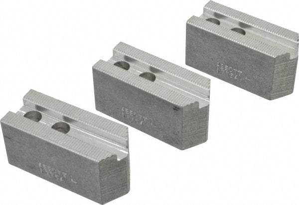 Abbott Workholding Products - 6" & Up Chuck Capacity, 1.5mm x 60° Serrated Attachment, Square Soft Lathe Chuck Jaw - 3 Jaws, Aluminum, 0.7874" Btw Mount Hole Ctrs, 3" Long x 1-1/4" Wide x 1-1/2" High, 0.4724" Groove, 0.3937" & 10mm Fastener - A1 Tooling