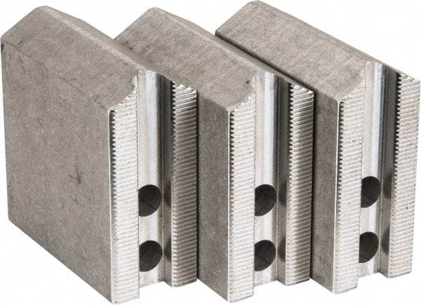 Abbott Workholding Products - 6" & Up Chuck Capacity, 1.5mm x 60° Serrated Attachment, Square Soft Lathe Chuck Jaw - 3 Jaws, Aluminum, 0.7874" Btw Mount Hole Ctrs, 3" Long x 1-1/4" Wide x 3" High, 0.4724" Groove, 0.3937" & 10mm Fastener - A1 Tooling