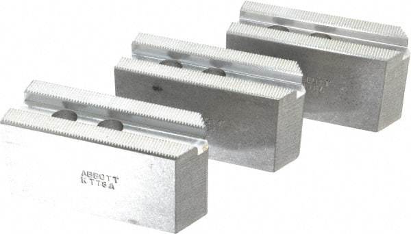 Abbott Workholding Products - 8" & Up Chuck Capacity, 1.5mm x 60° Serrated Attachment, Square Soft Lathe Chuck Jaw - 3 Jaws, Aluminum, 63/64" Btw Mount Hole Ctrs, 4" Long x 1-1/2" Wide x 2" High, 0.5512" Groove, 0.4724" & 12mm Fastener - A1 Tooling