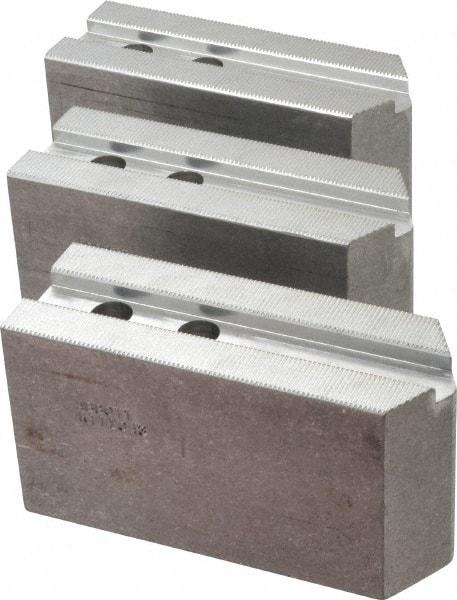 Abbott Workholding Products - 10" & Up Chuck Capacity, 1.5mm x 60° Serrated Attachment, Square Soft Lathe Chuck Jaw - 3 Jaws, Aluminum, 1.1811" Btw Mount Hole Ctrs, 5-1/2" Long x 2" Wide x 3" High, 0.6299" Groove, 0.4724" & 12mm Fastener - A1 Tooling