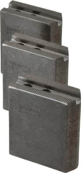 Abbott Workholding Products - 5" & Up Chuck Capacity, 1.5mm x 60° Serrated Attachment, Square Soft Lathe Chuck Jaw - 3 Jaws, Steel, 0.7087" Btw Mount Hole Ctrs, 2-1/2" Long x 1" Wide x 3" High, 0.3937" Groove, 0.315" & 8mm Fastener - A1 Tooling