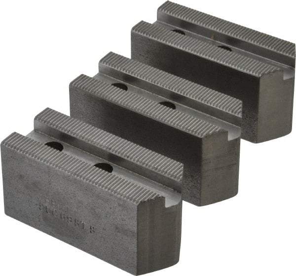 Abbott Workholding Products - 6" & Up Chuck Capacity, 1.5mm x 60° Serrated Attachment, Square Soft Lathe Chuck Jaw - 3 Jaws, Steel, 63/64" Btw Mount Hole Ctrs, 3" Long x 1-1/4" Wide x 1-1/2" High, 0.4331" Groove, 0.315" & 8mm Fastener - A1 Tooling