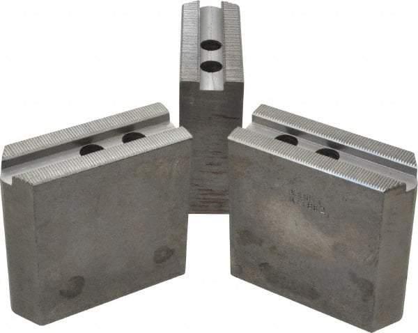 Abbott Workholding Products - 8" & Up Chuck Capacity, 1.5mm x 60° Serrated Attachment, Square Soft Lathe Chuck Jaw - 3 Jaws, Steel, 63/64" Btw Mount Hole Ctrs, 4" Long x 1-1/2" Wide x 4" High, 0.5512" Groove, 0.4724" & 12mm Fastener - A1 Tooling