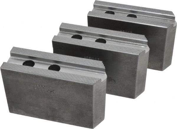 Abbott Workholding Products - 10" & Up Chuck Capacity, 1.5mm x 60° Serrated Attachment, Square Soft Lathe Chuck Jaw - 3 Jaws, Steel, 1.1811" Btw Mount Hole Ctrs, 4-1/2" Long x 1-1/2" Wide x 3" High, 0.6299" Groove, 0.4724" & 12mm Fastener - A1 Tooling