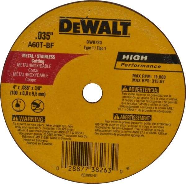 DeWALT - 4" 60 Grit Aluminum Oxide Cutoff Wheel - 0.035" Thick, 3/8" Arbor, 19,000 Max RPM, Use with Circular Saws - A1 Tooling