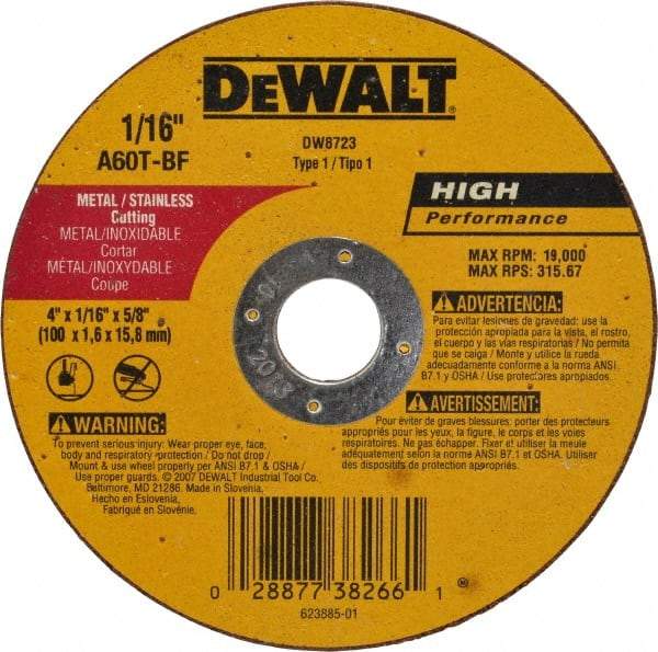 DeWALT - 4" 60 Grit Aluminum Oxide Cutoff Wheel - 1/16" Thick, 5/8" Arbor, 19,000 Max RPM, Use with Circular Saws - A1 Tooling