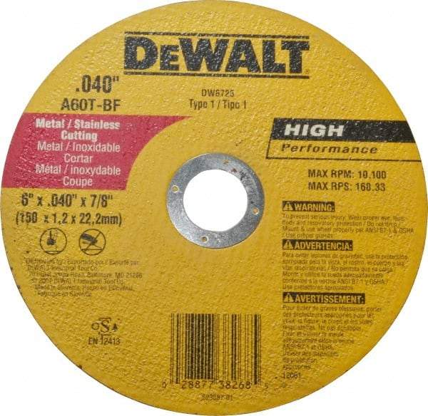 DeWALT - 6" 60 Grit Aluminum Oxide Cutoff Wheel - 0.04" Thick, 7/8" Arbor, 10,100 Max RPM, Use with Circular Saws - A1 Tooling