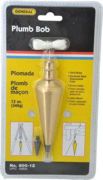 General - 5 Inch Long, 1-3/8 Inch Diameter Brass Plumb Bob - 12 Ounce, Has Replacable Tip - A1 Tooling