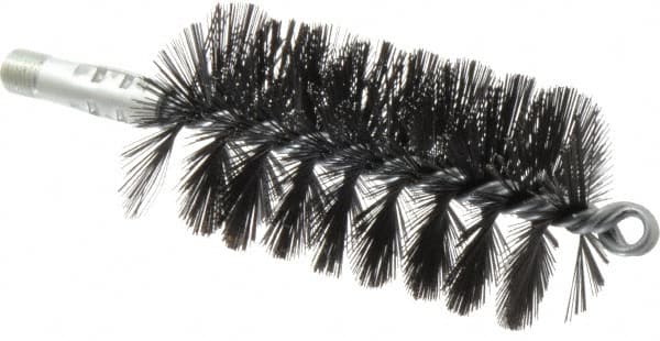 Schaefer Brush - 4-1/2" Brush Length, 2-1/2" Diam, Double Stem, Single Spiral Flue Brush - 7-1/2" Long, Tempered Steel Wire, 1/4" NPSM Male Connection - A1 Tooling