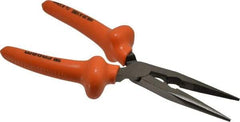 Facom - 8-9/32" OAL, 2-23/32" Jaw Length x 1-3/8" Jaw Width, Long Nose Side Cutting Burnished Insulated Pliers - Serrated Jaw, Half Round Nose Head, Plastic Coated Handles - A1 Tooling