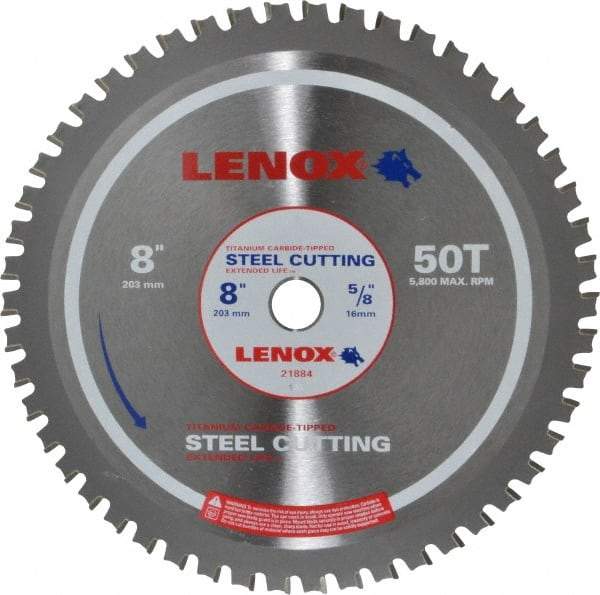 Lenox - 8" Diam, 5/8" Arbor Hole Diam, 50 Tooth Wet & Dry Cut Saw Blade - Titanium Carbide-Tipped, General Purpose Action, Standard Round Arbor - A1 Tooling