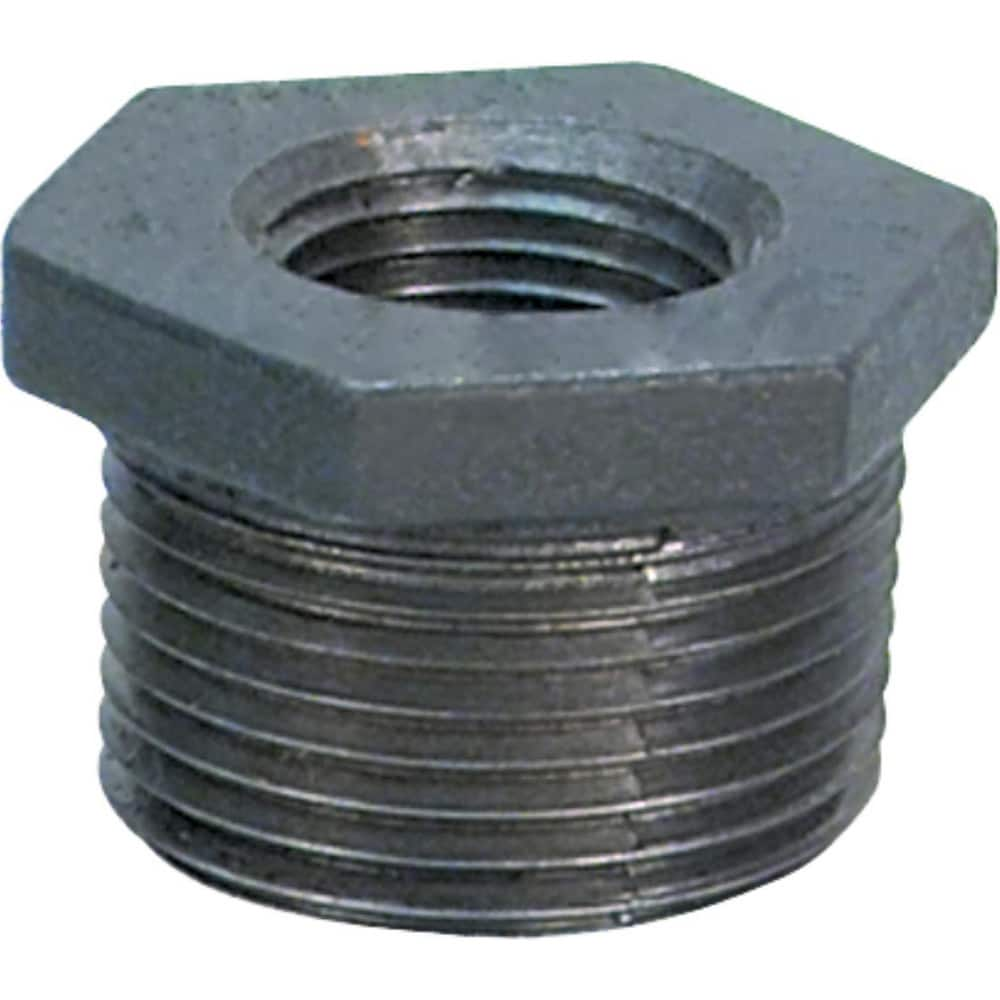 Black Pipe Fittings; Fitting Type: Hex Bushing; Fitting Size: 1-1/2″; Material: Malleable Iron; Finish: Black; Fitting Shape: Straight; Thread Standard: NPT; Connection Type: Threaded; Hex Head Size: 2.00; Lead Free: No; Standards: ASME B16.14