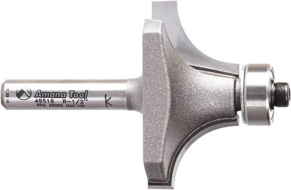 Amana Tool - 1-1/2" Cut Diam, 3/4" Length of Cut, 2 Flute Round-Over Edge Profile Router Bit - Carbide-Tipped, 1/4" Shank Diam, 2-1/4" OAL, Uncoated - A1 Tooling