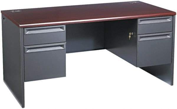 Hon - Woodgrain Laminate/Metal Double Pedestal Desk - 60" Wide x 30" Deep x 29" High, Mahogany/Charcoal - A1 Tooling