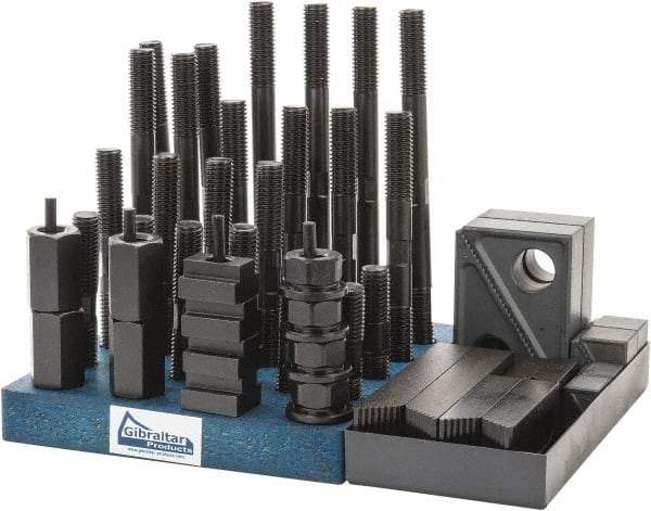 Gibraltar - 50 Piece Fixturing Step Block & Clamp Set with 1" Step Block, 11/16" T-Slot, 5/8-11 Stud Thread - 1-1/8" Nut Width, 3, 4, 5, 6, 7 & 8" Stud Lengths - A1 Tooling