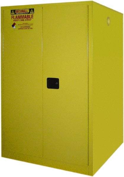 Securall Cabinets - 43" Wide x 31" Deep x 65" High, 18 Gauge Steel Vertical Drum Cabinet with 3 Point Key Lock - Yellow, Manual Closing Door, 1 Shelf, 2 Drums, Drum Rollers Included - A1 Tooling