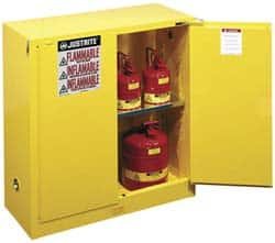 Justrite - 2 Door, 1 Shelf, Yellow Steel Standard Safety Cabinet for Flammable and Combustible Liquids - 44" High x 43" Wide x 18" Deep, Self Closing Door, 3 Point Key Lock, 30 Gal Capacity - A1 Tooling