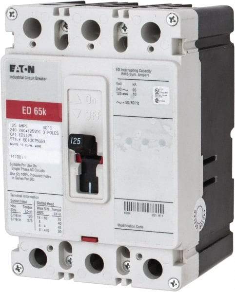 Eaton Cutler-Hammer - 125 Amp, 125 VDC, 240 VAC, 3 Pole, Molded Case Circuit Breaker - Thermal Magnetic Trip, 65 kA at 240 VAC Breaking Capacity, 4-4/0 AWG, 3-3/8 Inch Deep x 6 Inch High x 4-1/8 Inch Wide - A1 Tooling