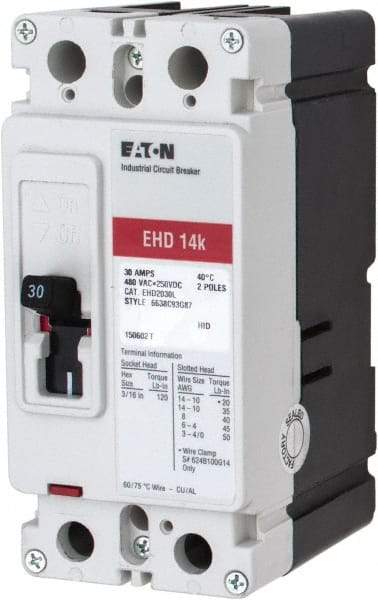 Eaton Cutler-Hammer - 30 Amp, 250 VDC, 480 VAC, 2 Pole, Molded Case Circuit Breaker - Thermal Magnetic Trip, 18 kA at 240 VAC Breaking Capacity, 14-1/0 AWG, 3-3/8 Inch Deep x 6 Inch High x 2-3/4 Inch Wide - A1 Tooling