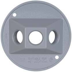 Cooper Crouse-Hinds - 3 Outlet, 1/2" Hole Diam, Powder Coat Finish, Round Noncorrosive Weatherproof Box Cover - 4-1/2" Wide x 9/16" High, Wet Locations, Aluminum, UL Listed - A1 Tooling