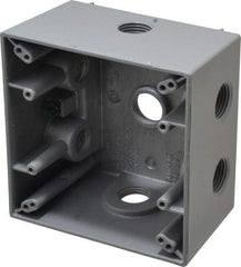 Cooper Crouse-Hinds - 2 Gang, (7) 1/2" Knockouts, Aluminum Square Outlet Box - 4-1/2" Overall Height x 4-1/2" Overall Width x 2-21/32" Overall Depth, Weather Resistant - A1 Tooling