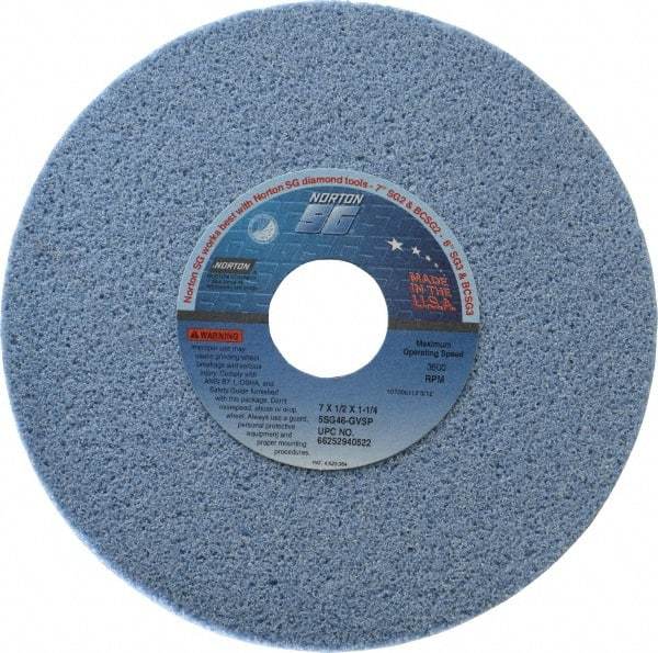 Norton - 7" Diam x 1-1/4" Hole x 1/2" Thick, G Hardness, 46 Grit Surface Grinding Wheel - Ceramic, Type 1, Coarse Grade, 3,600 Max RPM, Vitrified Bond, No Recess - A1 Tooling