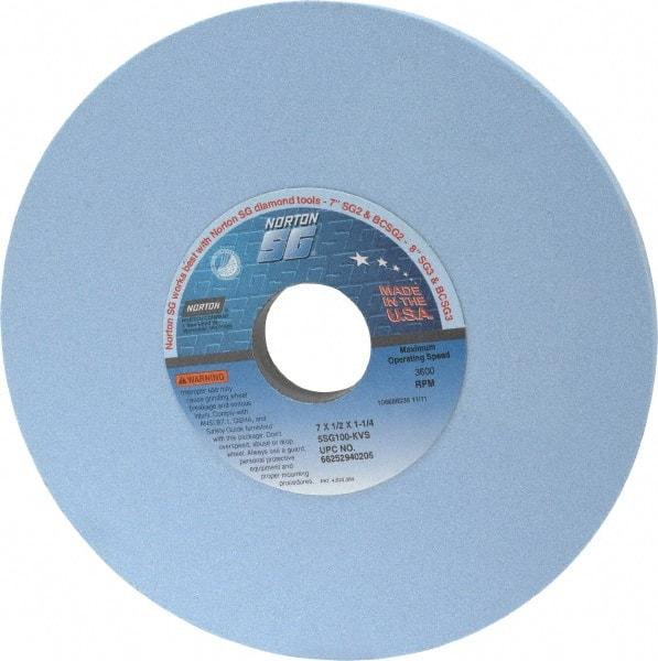 Norton - 7" Diam x 1-1/4" Hole x 1/2" Thick, K Hardness, 100 Grit Surface Grinding Wheel - Ceramic, Type 1, Fine Grade, 3,600 Max RPM, Vitrified Bond, No Recess - A1 Tooling