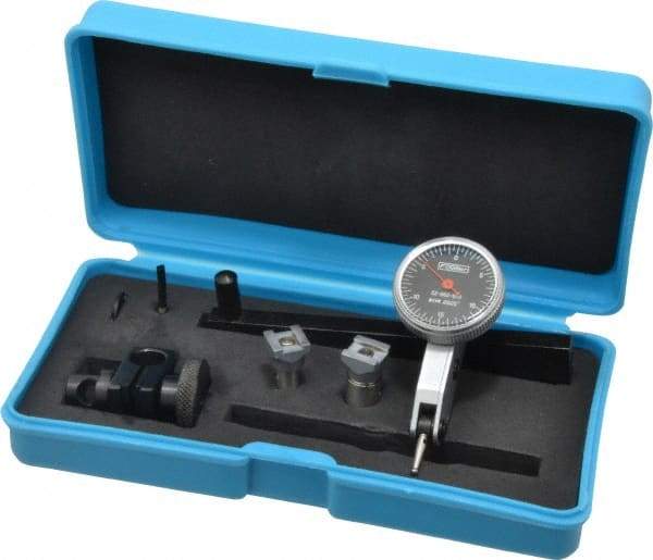 Fowler - 8 Piece, 0" to 0.03" Measuring Range, 1-1/8" Dial Diam, 0-15-0 Dial Reading, Black Dial Test Indicator Kit - 0.4" Contact Point Length, 0.04 & 0.08" Ball Diam, 0.0005" Dial Graduation - A1 Tooling