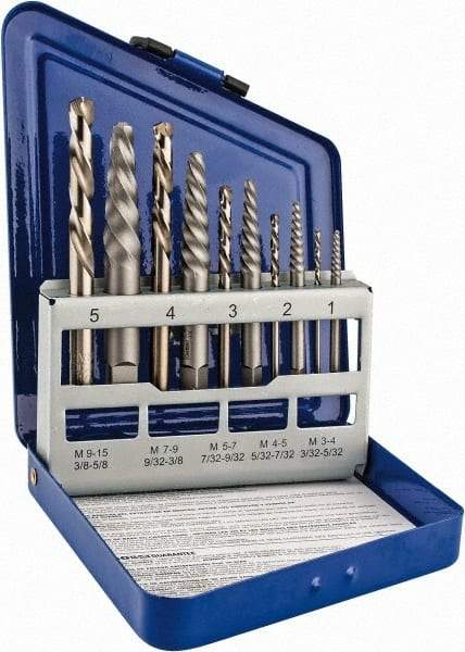 Irwin - 10 Piece Spiral Flute Screw Extractor & Drill Set - Screw Range 3/16 to 3/4" - A1 Tooling