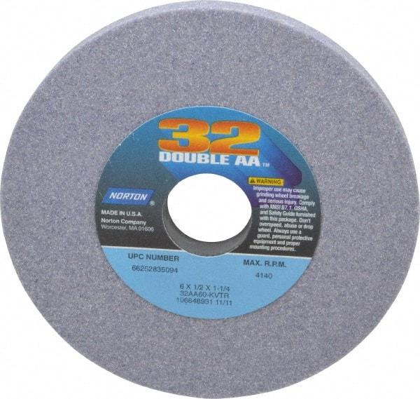 Norton - 6" Diam x 1-1/4" Hole x 1/2" Thick, K Hardness, 60 Grit Surface Grinding Wheel - Aluminum Oxide, Type 1, Medium Grade, 4,140 Max RPM, Vitrified Bond, No Recess - A1 Tooling