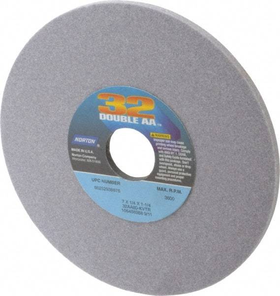 Norton - 7" Diam x 1-1/4" Hole x 1/4" Thick, K Hardness, 80 Grit Surface Grinding Wheel - Aluminum Oxide, Type 1, Medium Grade, 3,600 Max RPM, Vitrified Bond, No Recess - A1 Tooling