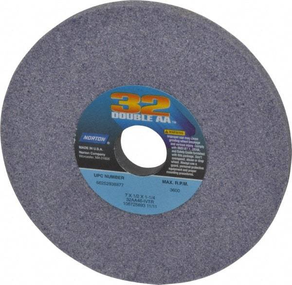 Norton - 7" Diam x 1-1/4" Hole x 1/2" Thick, I Hardness, 46 Grit Surface Grinding Wheel - Aluminum Oxide, Type 1, Coarse Grade, 3,600 Max RPM, Vitrified Bond, No Recess - A1 Tooling