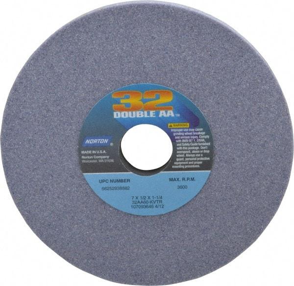 Norton - 7" Diam x 1-1/4" Hole x 1/2" Thick, K Hardness, 60 Grit Surface Grinding Wheel - Aluminum Oxide, Type 1, Medium Grade, 3,600 Max RPM, Vitrified Bond, No Recess - A1 Tooling