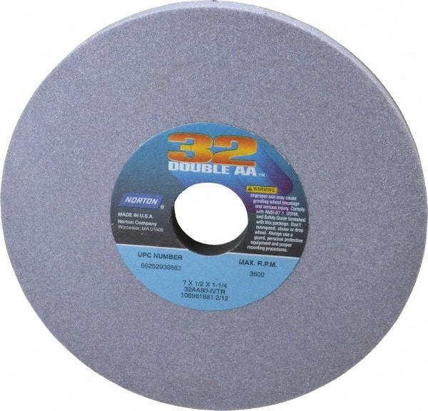 Norton - 7" Diam x 1-1/4" Hole x 1/2" Thick, I Hardness, 80 Grit Surface Grinding Wheel - Aluminum Oxide, Type 1, Medium Grade, 3,600 Max RPM, Vitrified Bond, No Recess - A1 Tooling