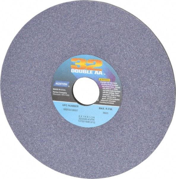 Norton - 8" Diam x 1-1/4" Hole x 1/4" Thick, K Hardness, 80 Grit Surface Grinding Wheel - Aluminum Oxide, Type 1, Medium Grade, 3,600 Max RPM, Vitrified Bond, No Recess - A1 Tooling