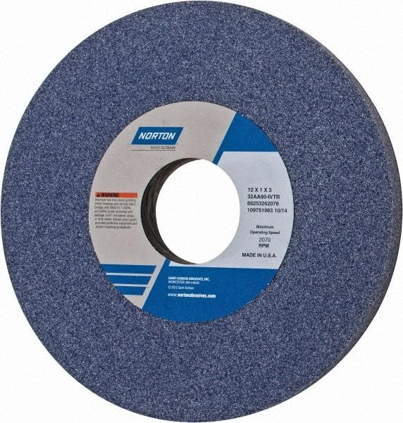 Norton - 12" Diam x 3" Hole x 1" Thick, I Hardness, 60 Grit Surface Grinding Wheel - Aluminum Oxide, Type 1, Medium Grade, 2,070 Max RPM, Vitrified Bond, No Recess - A1 Tooling